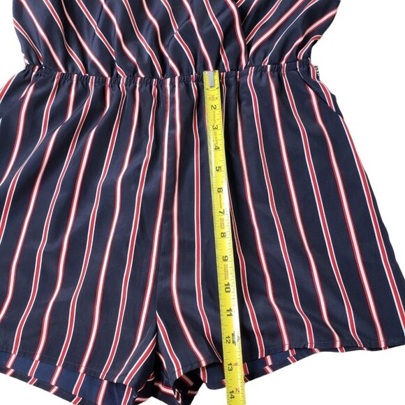 Striped Navy & Red Long-Sleeve Wrap Romper By Korye pockets Size M - Picture 12 of 12